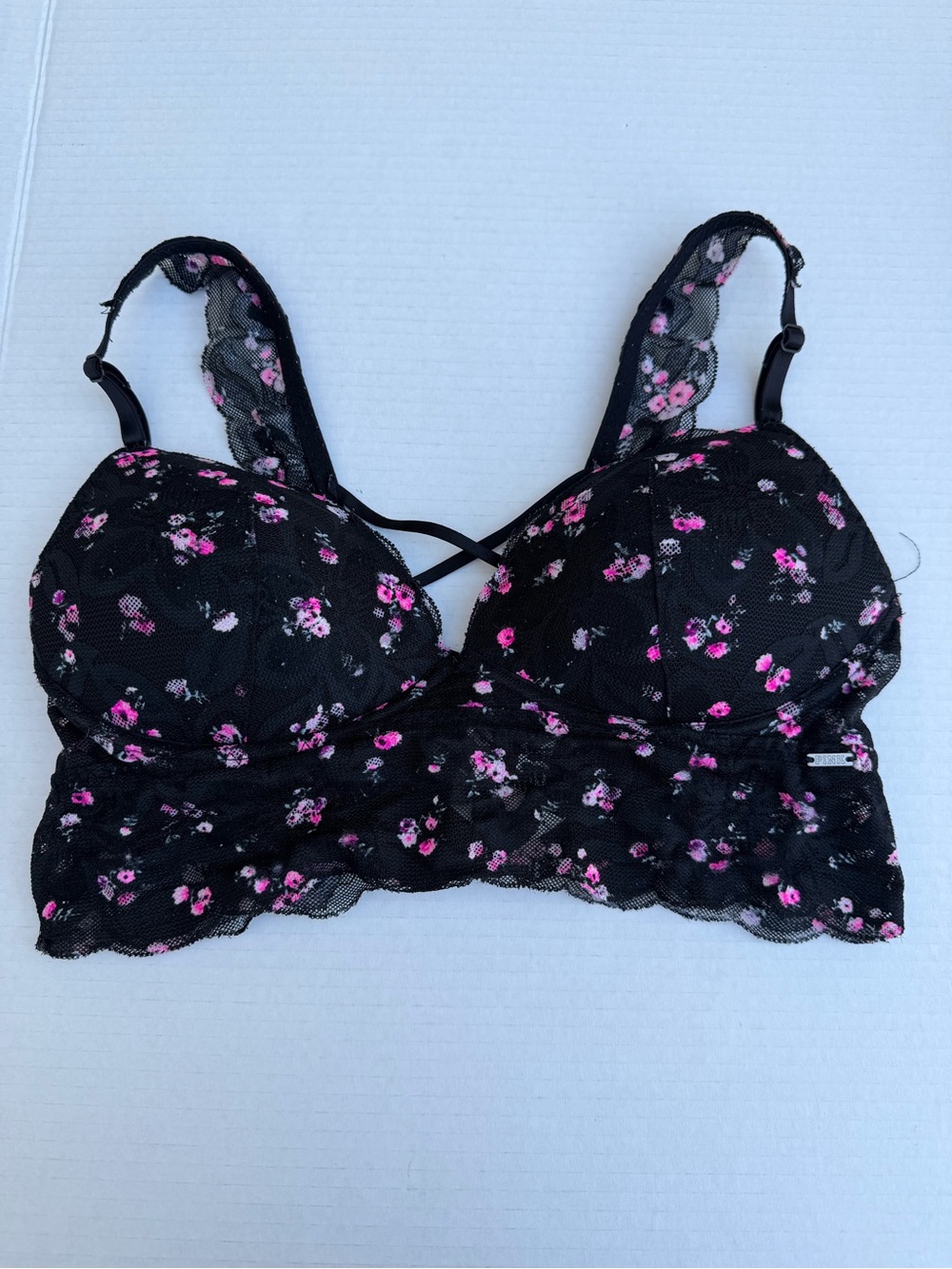 PINK Victoria's Secret Black Lace Bralette with Pink Floral Print